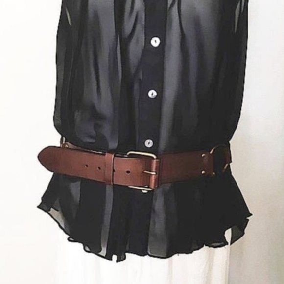 Handmade Belt Brown Genuine Leather Brass Tongue Buckle Antiqued Horseshoe Links - Picture 3 of 13